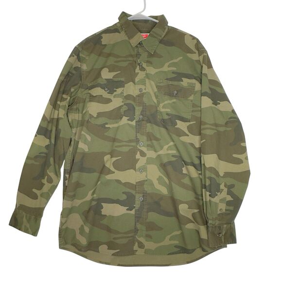 Wrangler Shirt Green Camo Camouflage Military Button Up Army large 98% Cotton - Picture 1 of 6